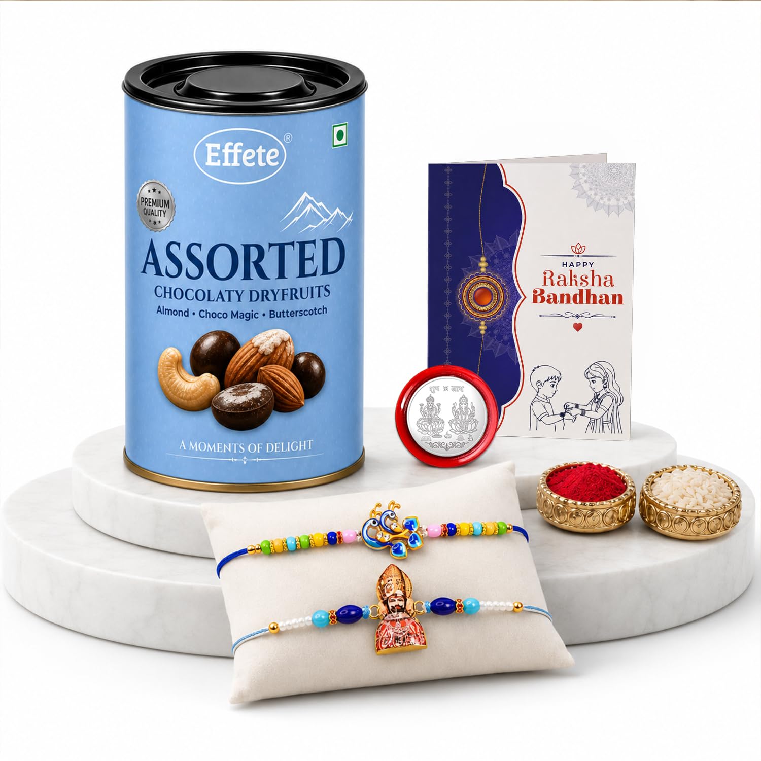 Peacock Rakhi for Brother with Choco Dryfruits 96gm, Roli Tikka & Card, Pack of 6