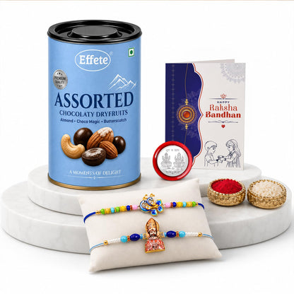 Peacock Rakhi for Brother with Choco Dryfruits 96gm, Roli Tikka & Card, Pack of 6