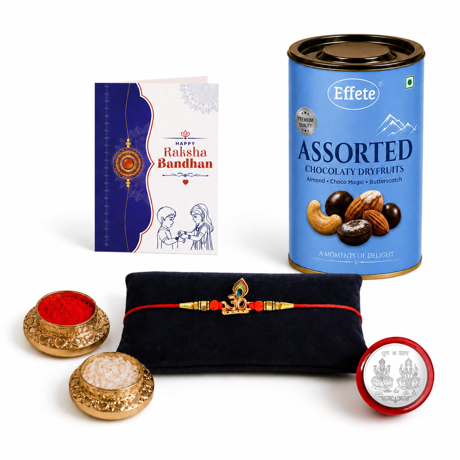 OM Shape Rakhi for Brother with Choco Dryfruits 96gm, Coin & Card, Pack of 5