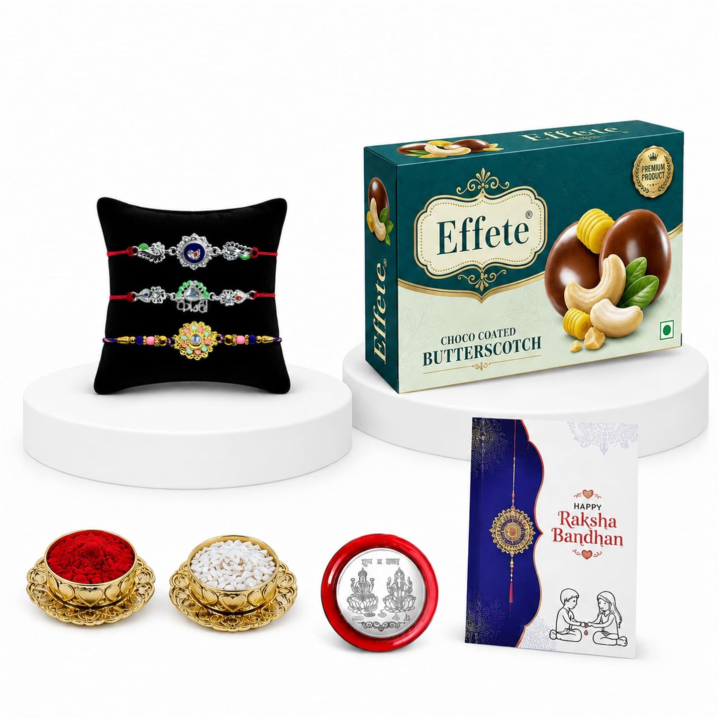 Floral Rakhi for Brother with Butter Scotch 32gm, Roli Tikka & Card, Pack of 7