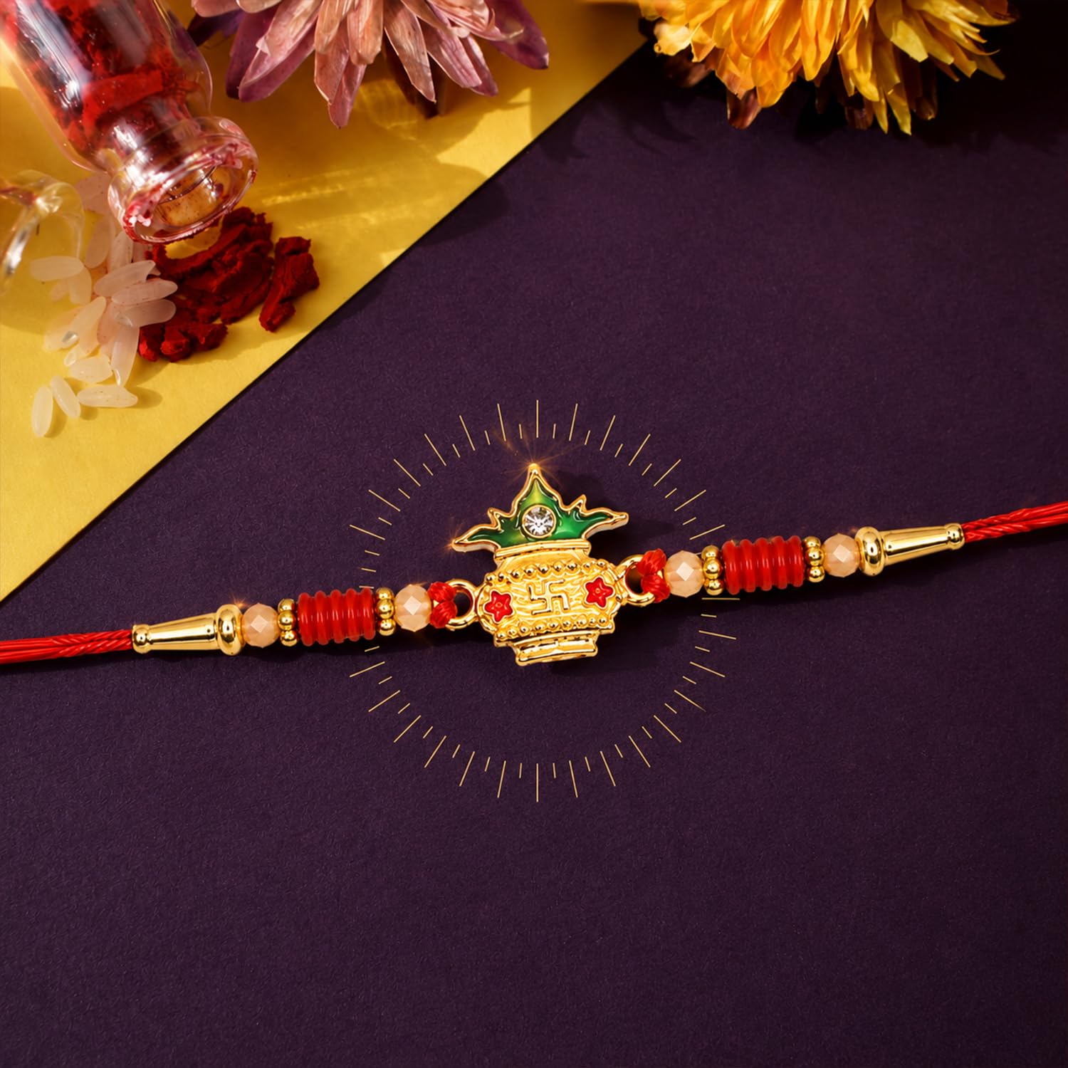 Kalash Rakhi for Brother with Butter Scotch 32gm, Roli Chawal & Card, Pack of 5