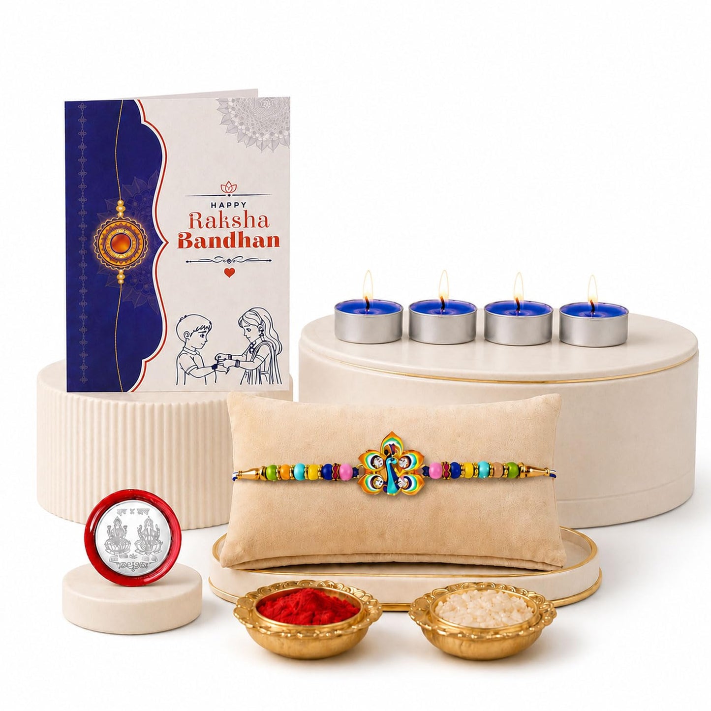 Peacock Rakhi for Brother with Candles 4pcs, Roli Tikka & Card | Pack of 5