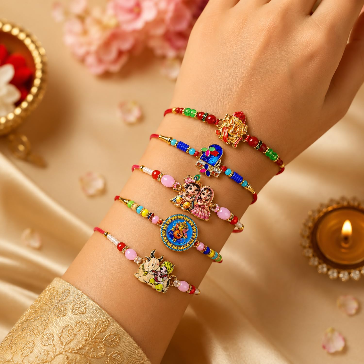 Stylish Beautiful Rakhi for Brother with Roli Tikka, Pooja Coin & Card, Pack of 8