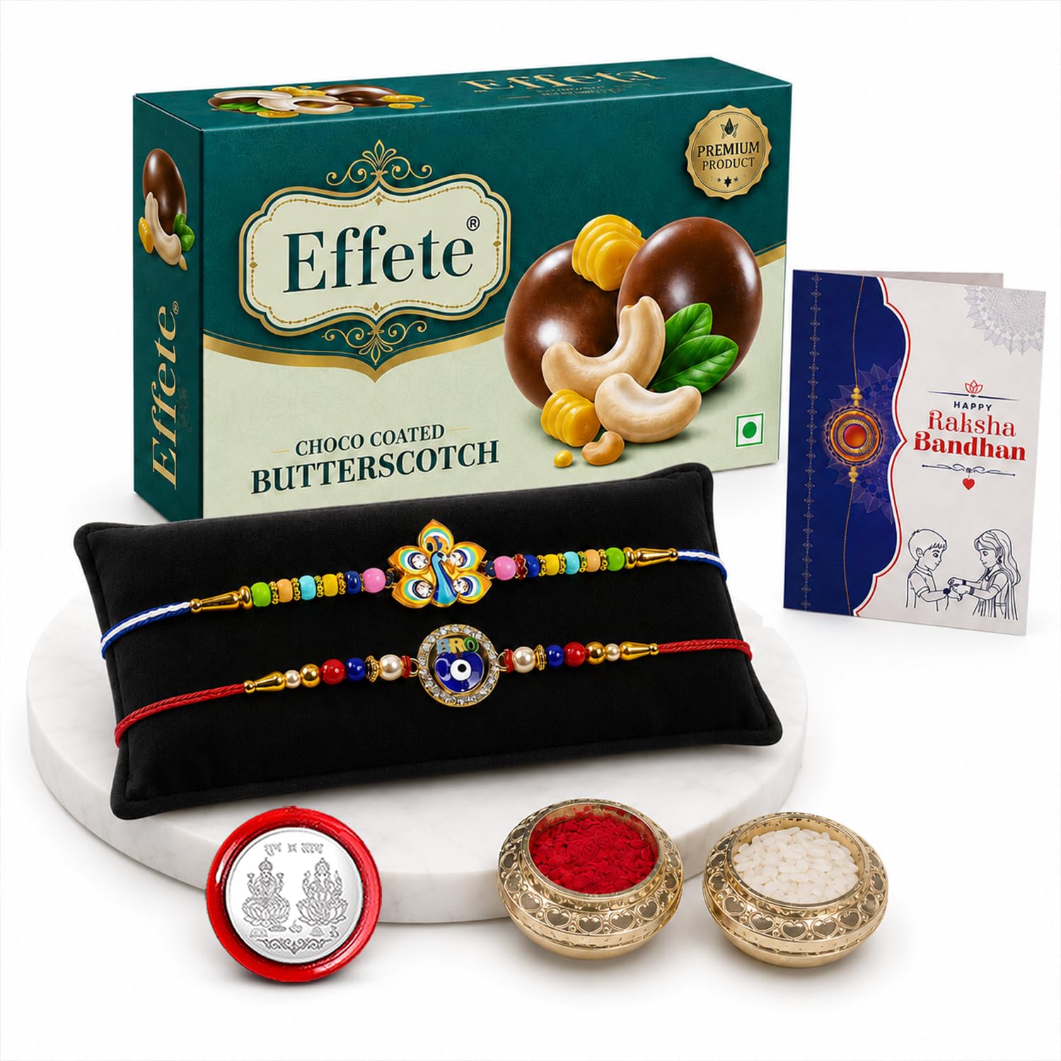 Peacock Rakhi Combo - Raksha Bandhan Gift with Choco Butterscotch 32gm, Pack of 6