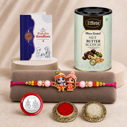 Krishna Radha Rakhi Combo - Raksha Bandhan Gift with Choco Butterscotch 96gm, Pack of 5