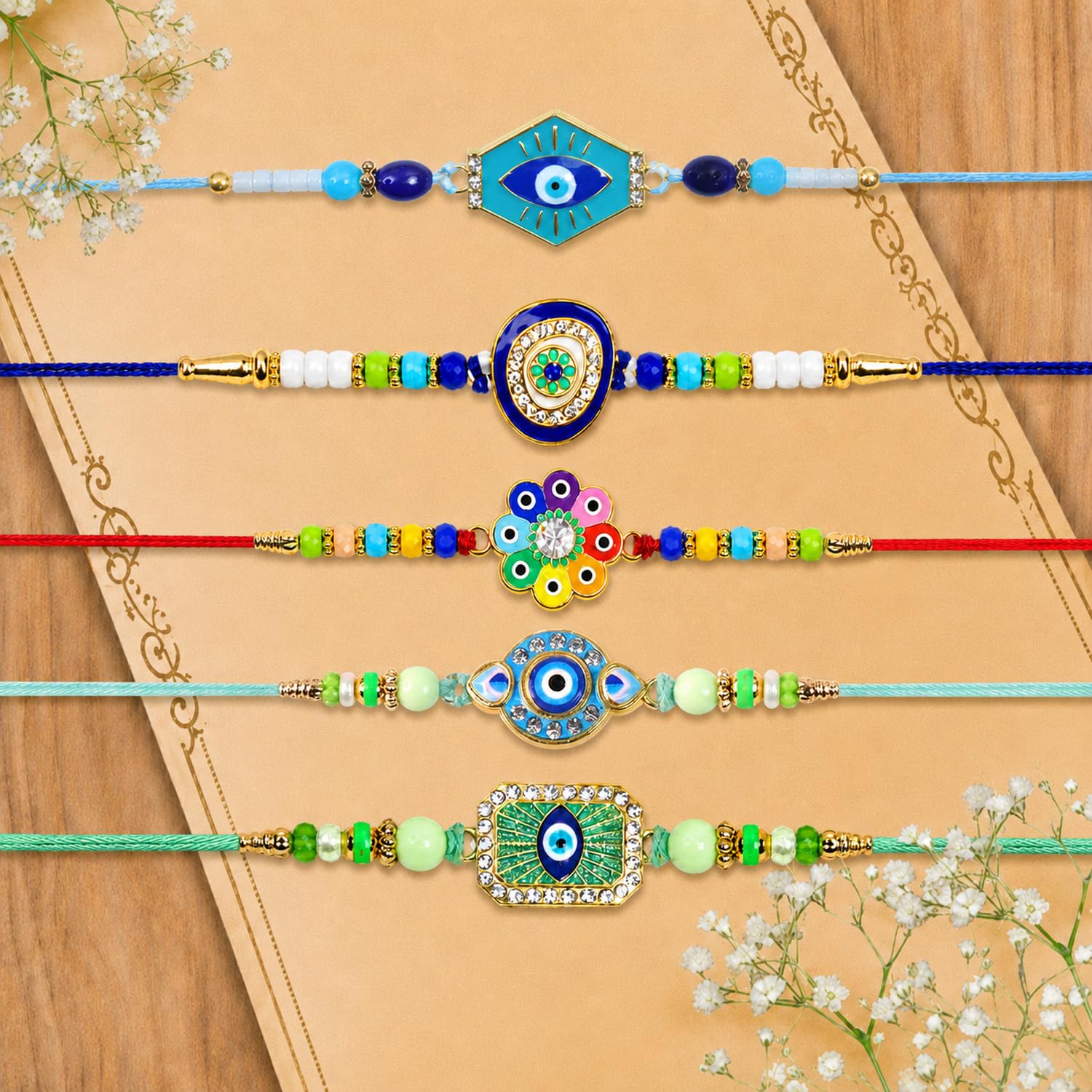 Designer Auspicious Rakhi for Brother with Roli Tikka & Greeting Card, Pack of 8