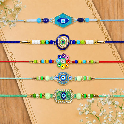 Designer Auspicious Rakhi for Brother with Roli Tikka & Greeting Card, Pack of 8