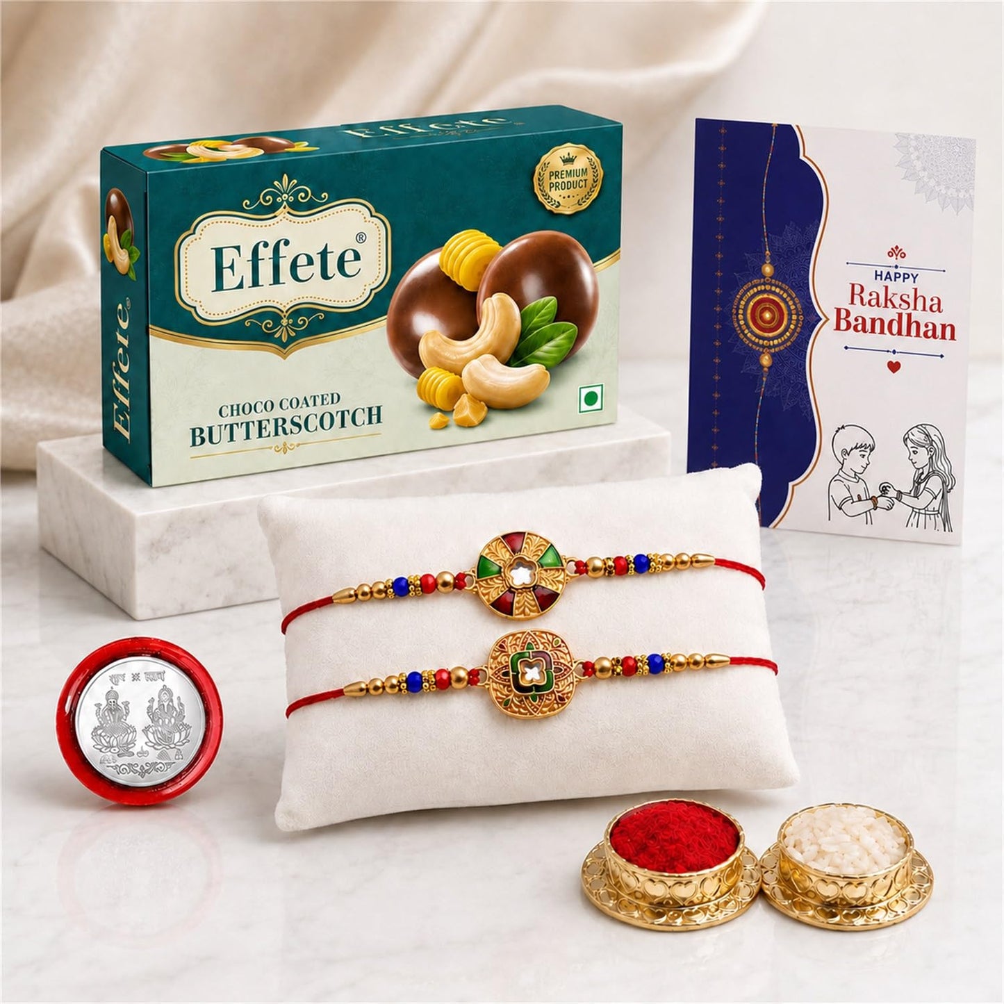 Designer Rakhi for Brother with Butter Scotch 32gm, Roli Tikka & Card, Pack of 6