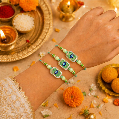 Designer Elegant Handcrafted Rakhi for Brother with Roli Tikka & Card | Pack of 3