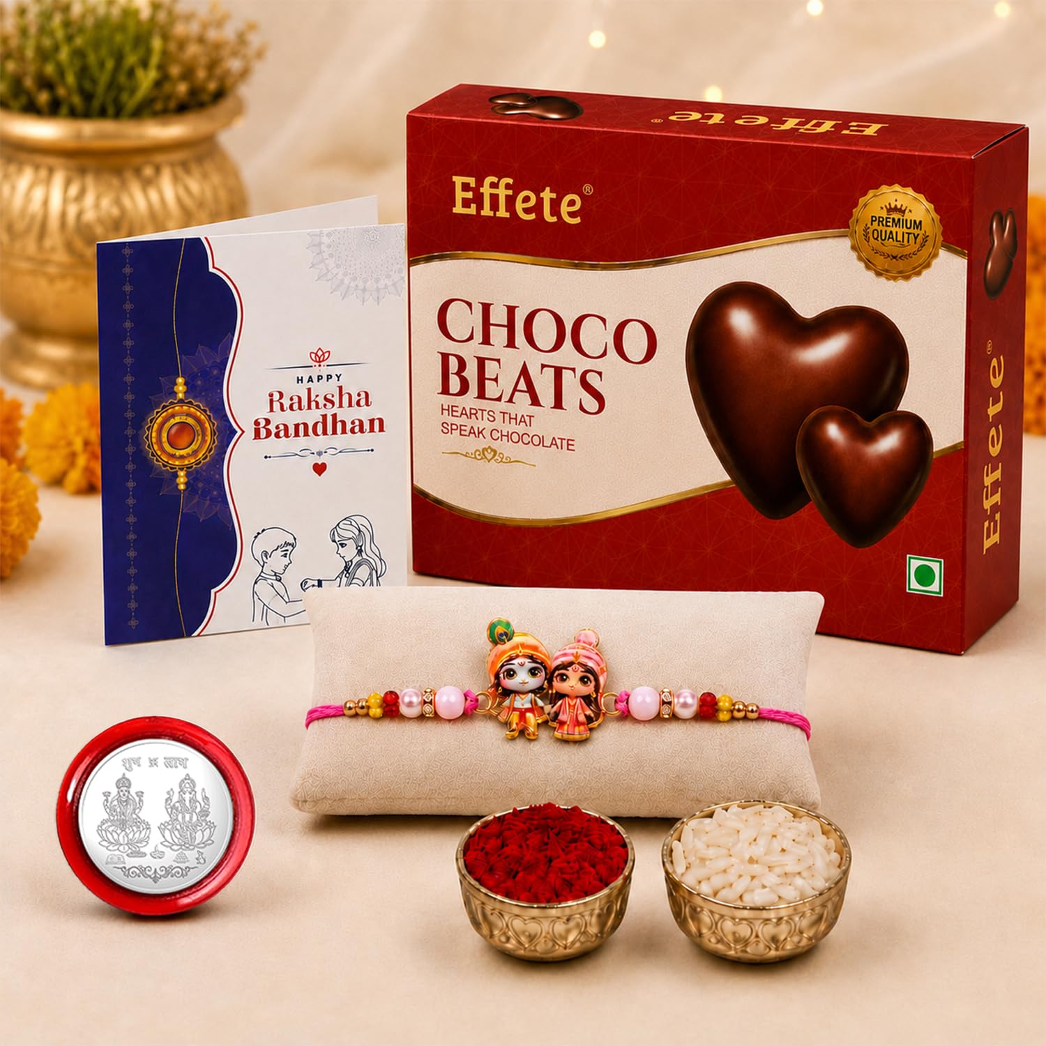 Krishna Radha Rakhi for Brother with Chocolate Beats 32gm, Coin & Card, Pack of 5