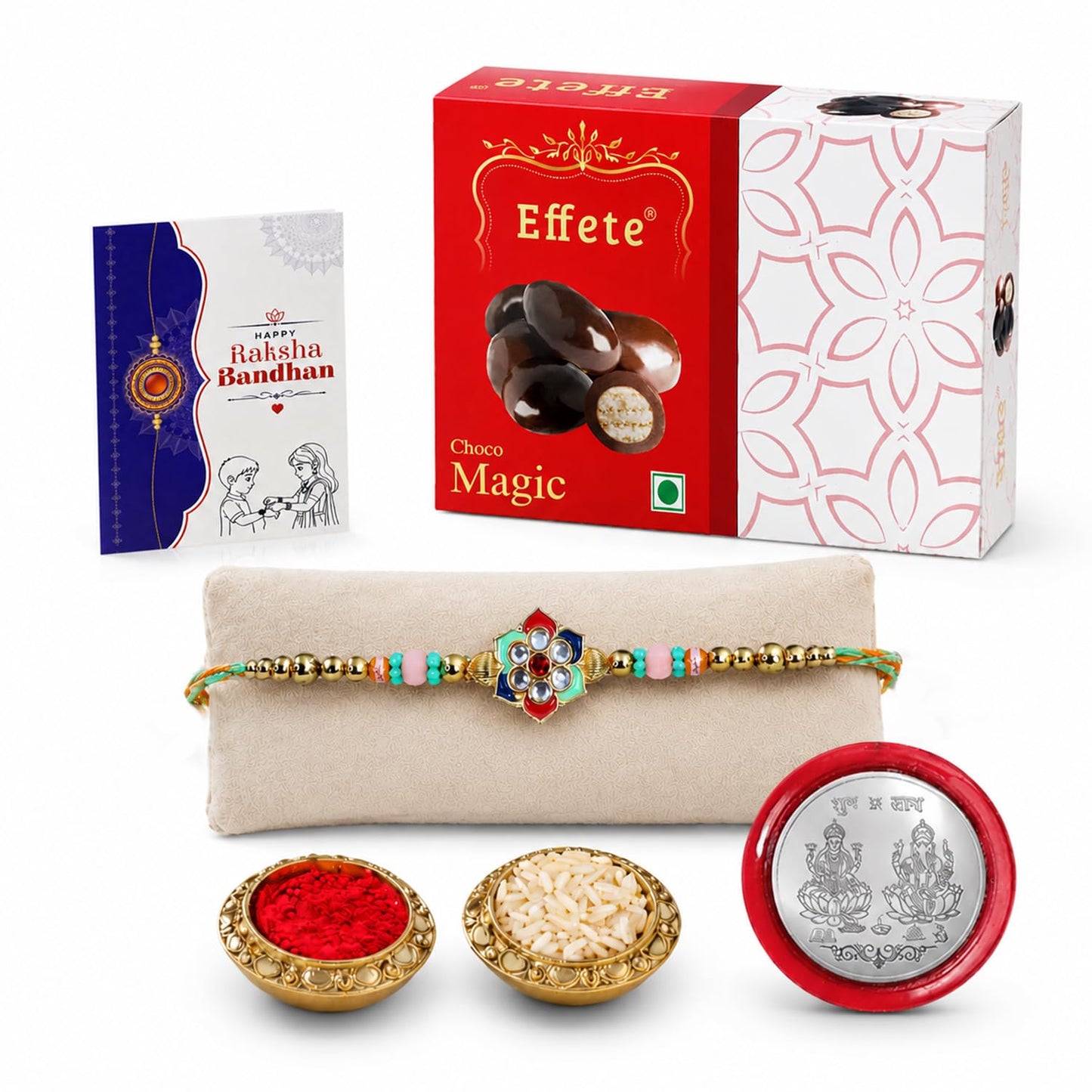 Kundan Rakhi for Brother with Chocolate Magic 32gm, Roli Tikka & Card, Pack of 5