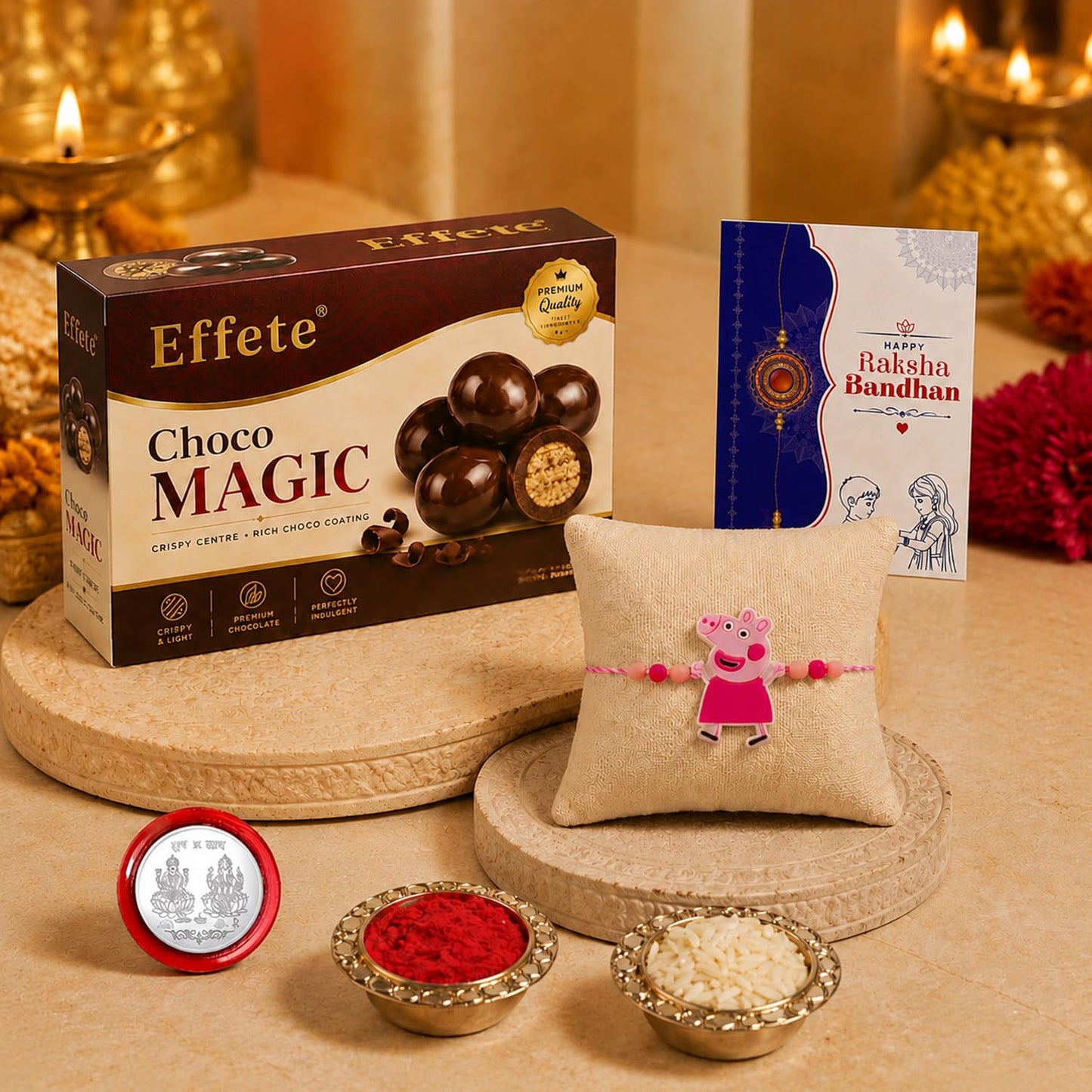 Kids Rakhi for Brother with Chocolate Magic 96gm, Roli Tikka & Card - Pack of 5