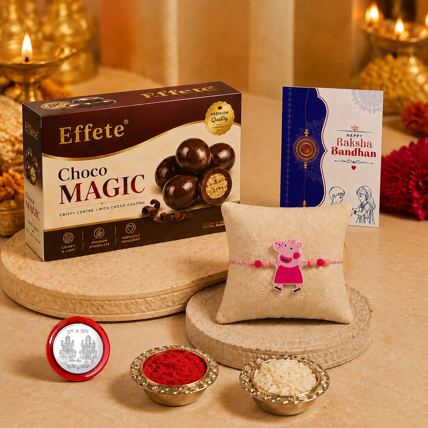 Kids Rakhi for Brother with Chocolate Magic 96gm, Roli Tikka & Card - Pack of 5