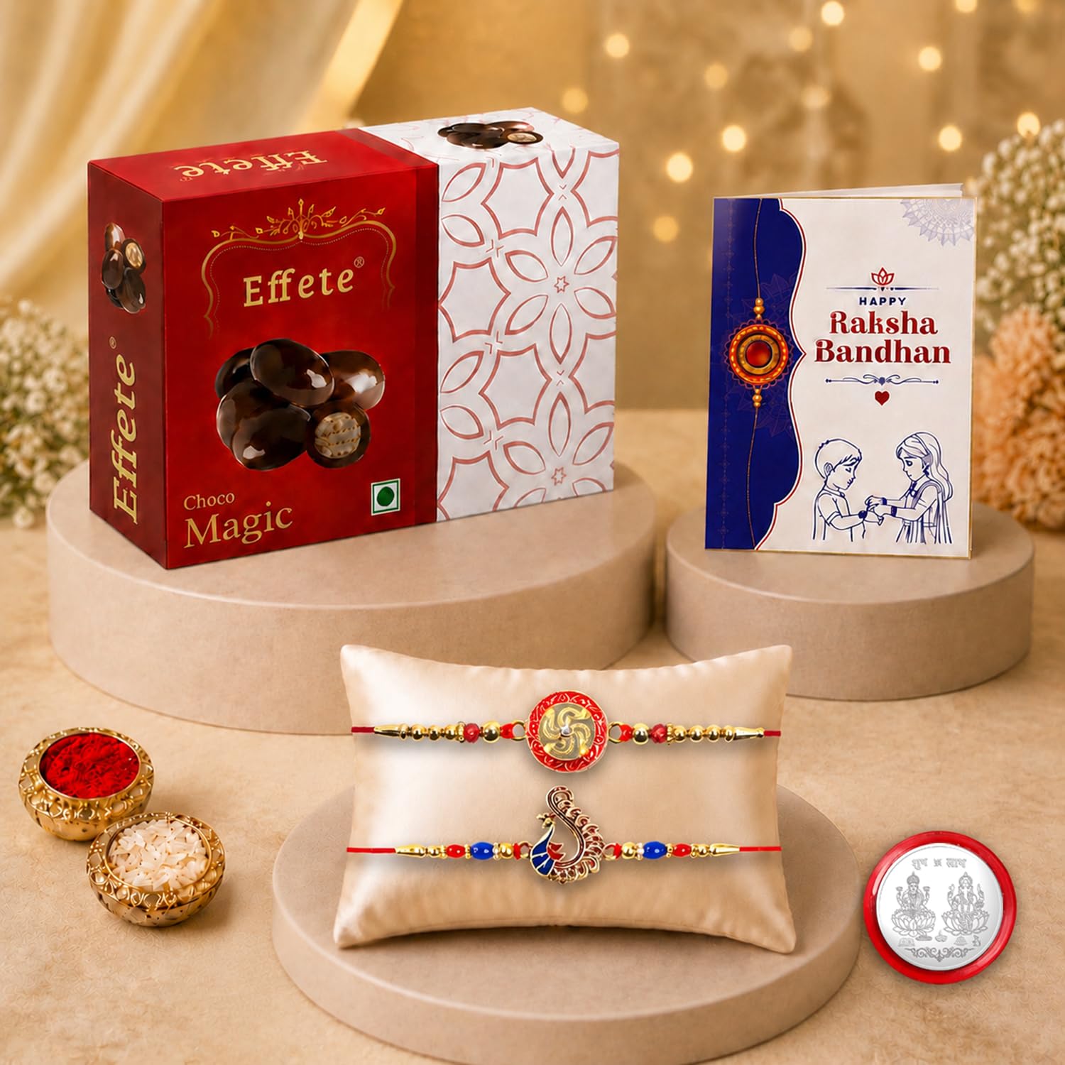 Swastik charm Rakhi for Brother with Chocolate Magic 32gm, Coin & Card, Pack of 6