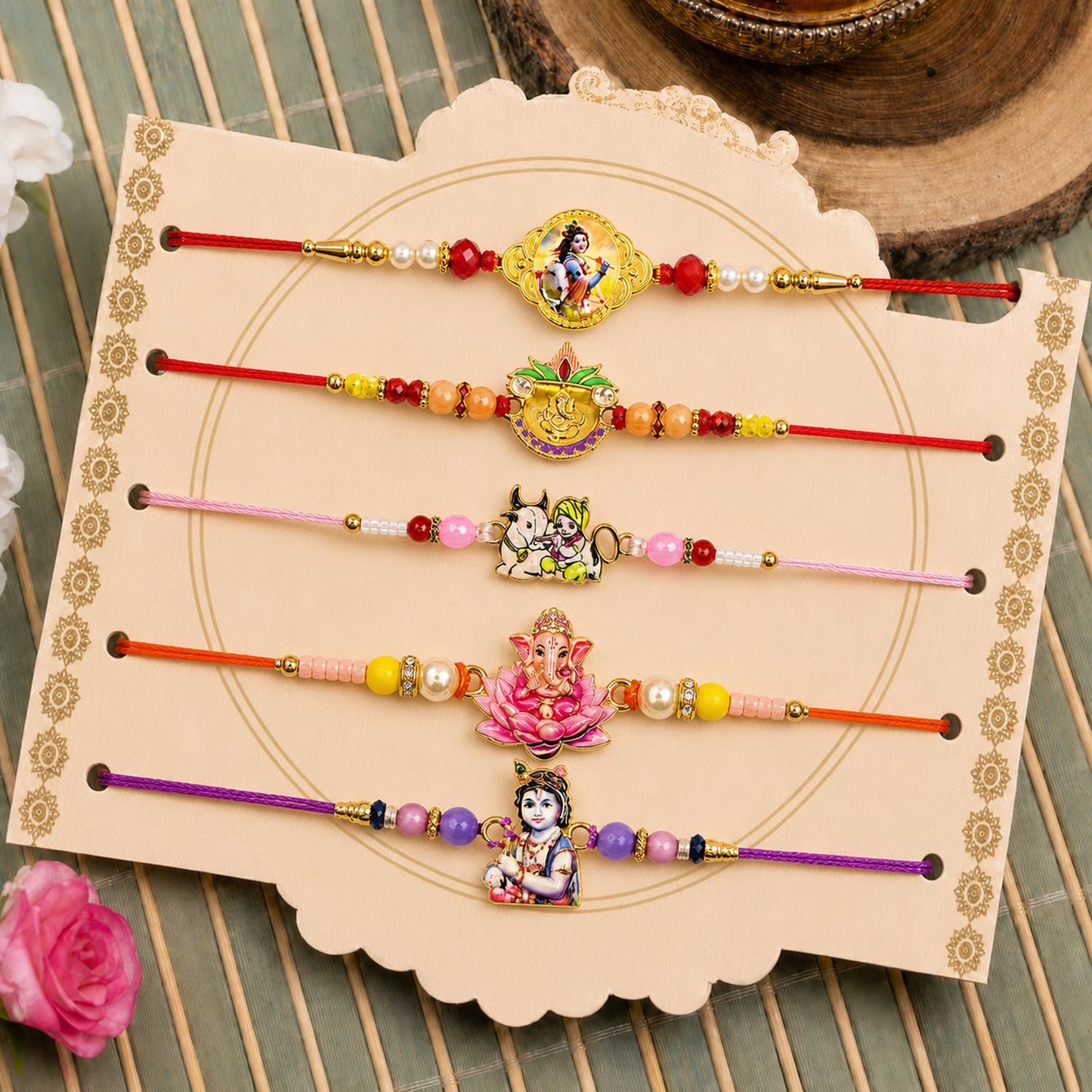 Elegant Attractive Rakhi for Brother with Roli Tikka & Greeting Card, Pack of 8