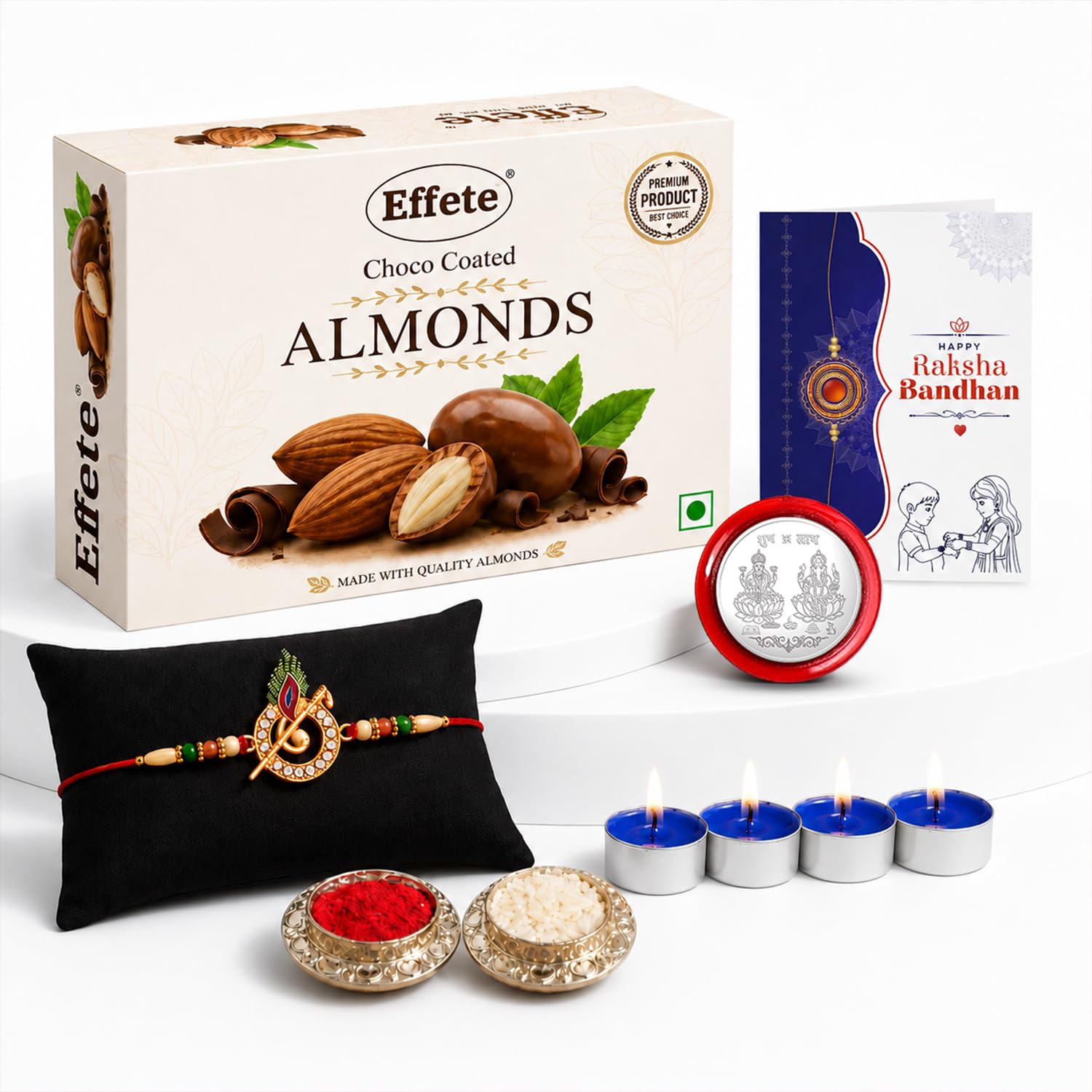 Designer Rakhi for Brother with Choco Almonds 32gm, Roli Tikka & Card | Pack of 6