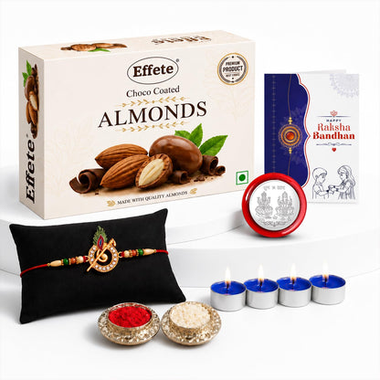 Designer Rakhi for Brother with Choco Almonds 32gm, Roli Tikka & Card | Pack of 6