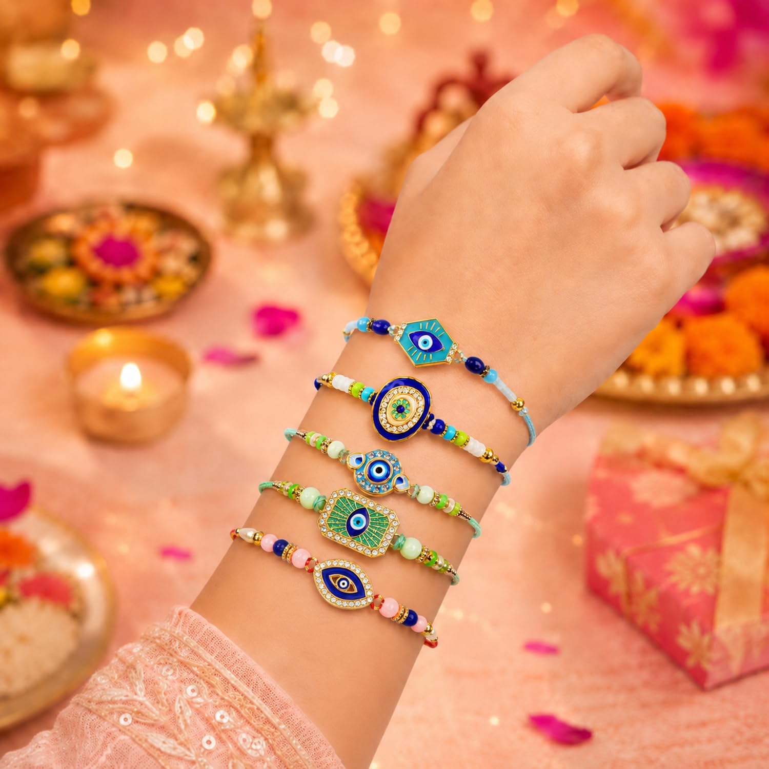 Designer Ethnic Rakhi for Brother with Roli Tikka, Pooja Coin & Card, Pack of 8