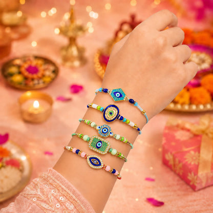 Designer Ethnic Rakhi for Brother with Roli Tikka, Pooja Coin & Card, Pack of 8