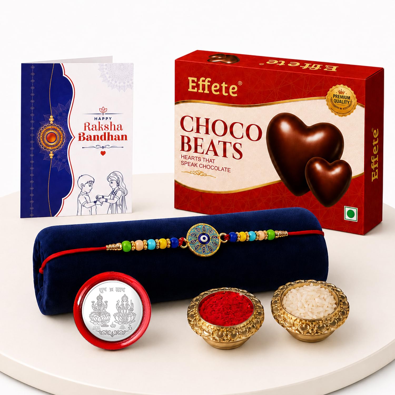 Evil Eye Rakhi for Brother with Choco Beats 32gm, Coin & Card, Pack of 5 | Trendy