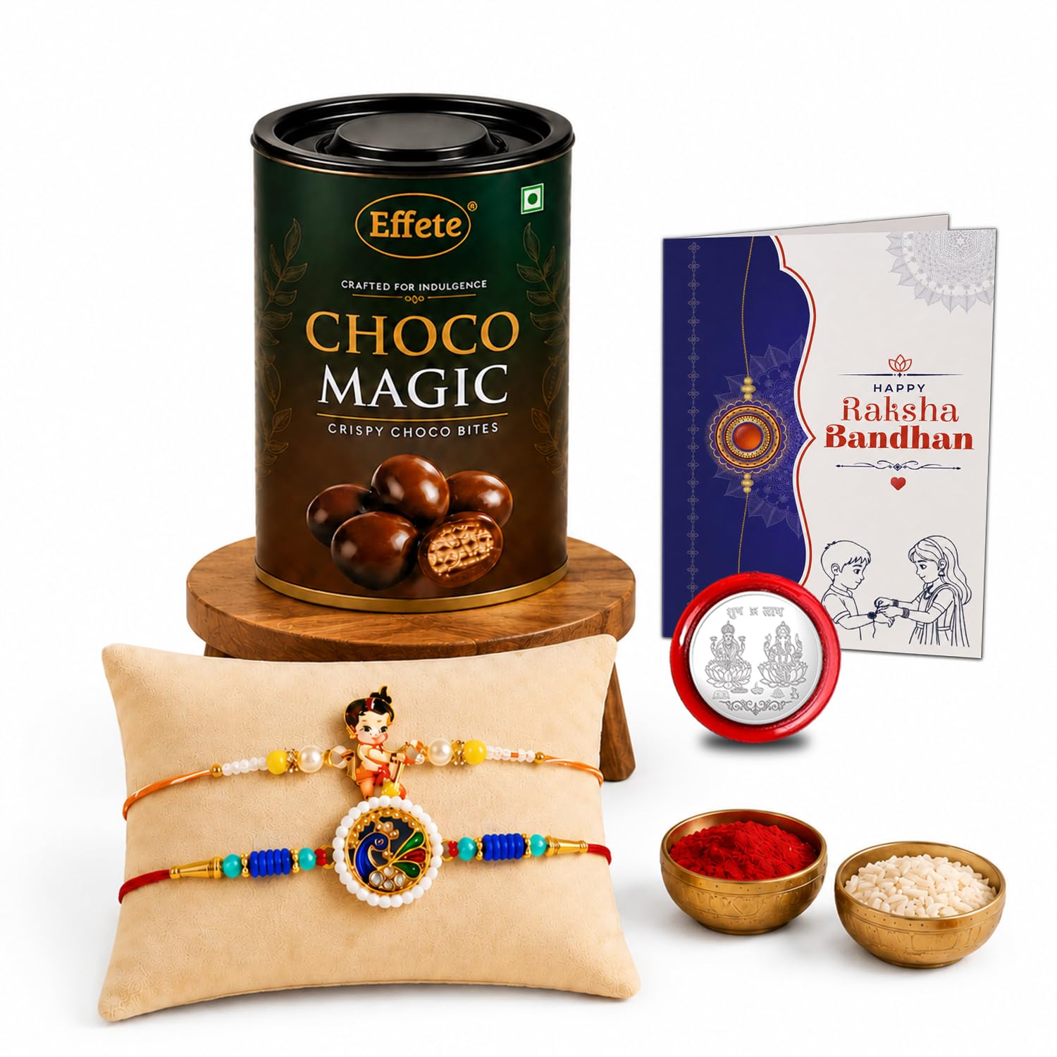 Rakhi with Chocolate for Brother (Set of 6) – Raksha Bandhan Festival Celebration Combo with Bal Hanuman & Peacock Design Rakhi, Chocolate, Roli Chawal, Silver Color Coin & Greeting Card