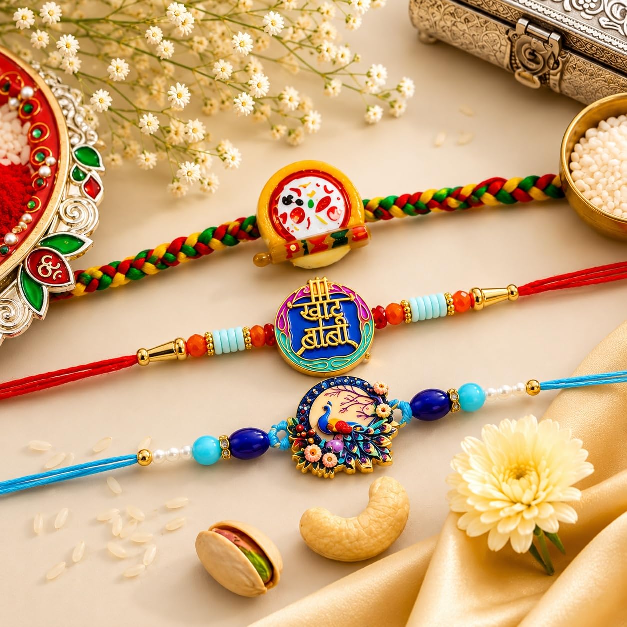 Peacock Rakhi for Brother with Chocolate Beats 32gm, Roli Tikka & Card, Pack of 7