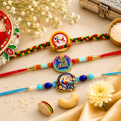 Peacock Rakhi for Brother with Chocolate Beats 32gm, Roli Tikka & Card, Pack of 7