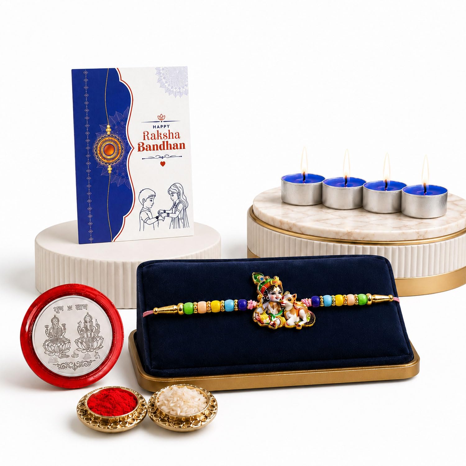 Krishna Rakhi for Brother with Candles 4pcs, Roli Tikka & Card - Pack of 5