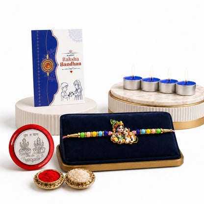 Krishna Rakhi for Brother with Candles 4pcs, Roli Tikka & Card - Pack of 5