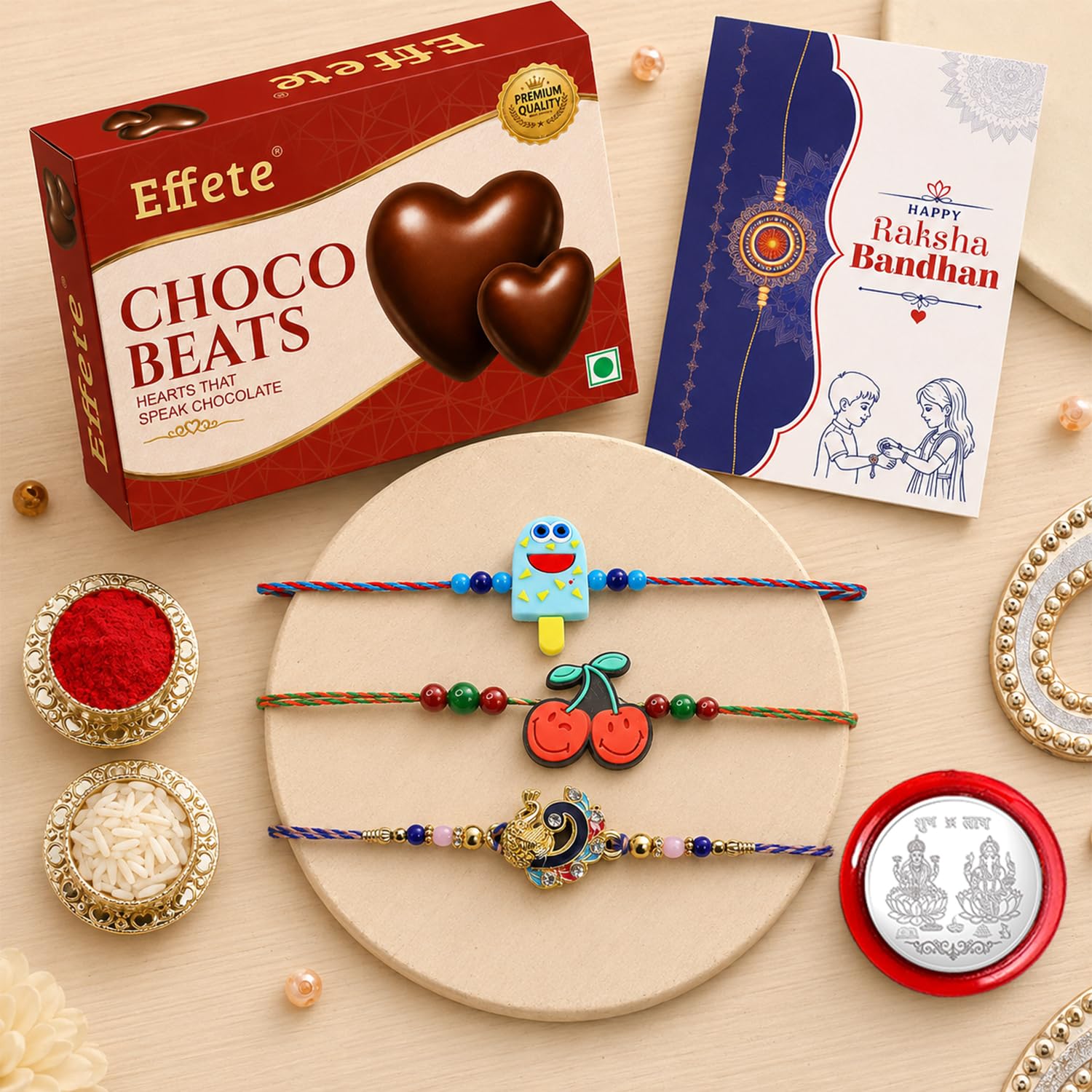 Cherry Rakhi for Brother with Chocolate Beats 32gm, Roli Tikka & Card, Pack of 7