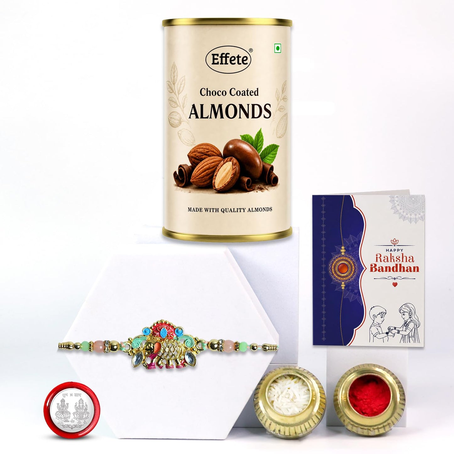 Peacock Rakhi for Brother with Choco Almonds 96gm, Roli Chawal & Card, Pack of 5