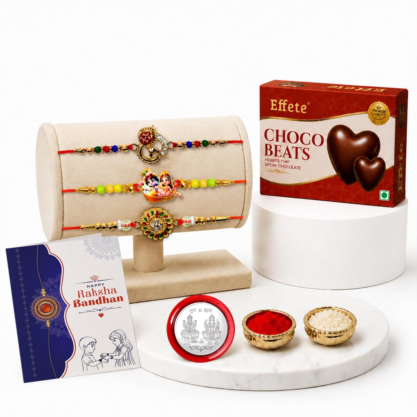 Leaf charm Rakhi for Brother with Choco Beats 32gm, Roli Tikka & Card, Pack of 7