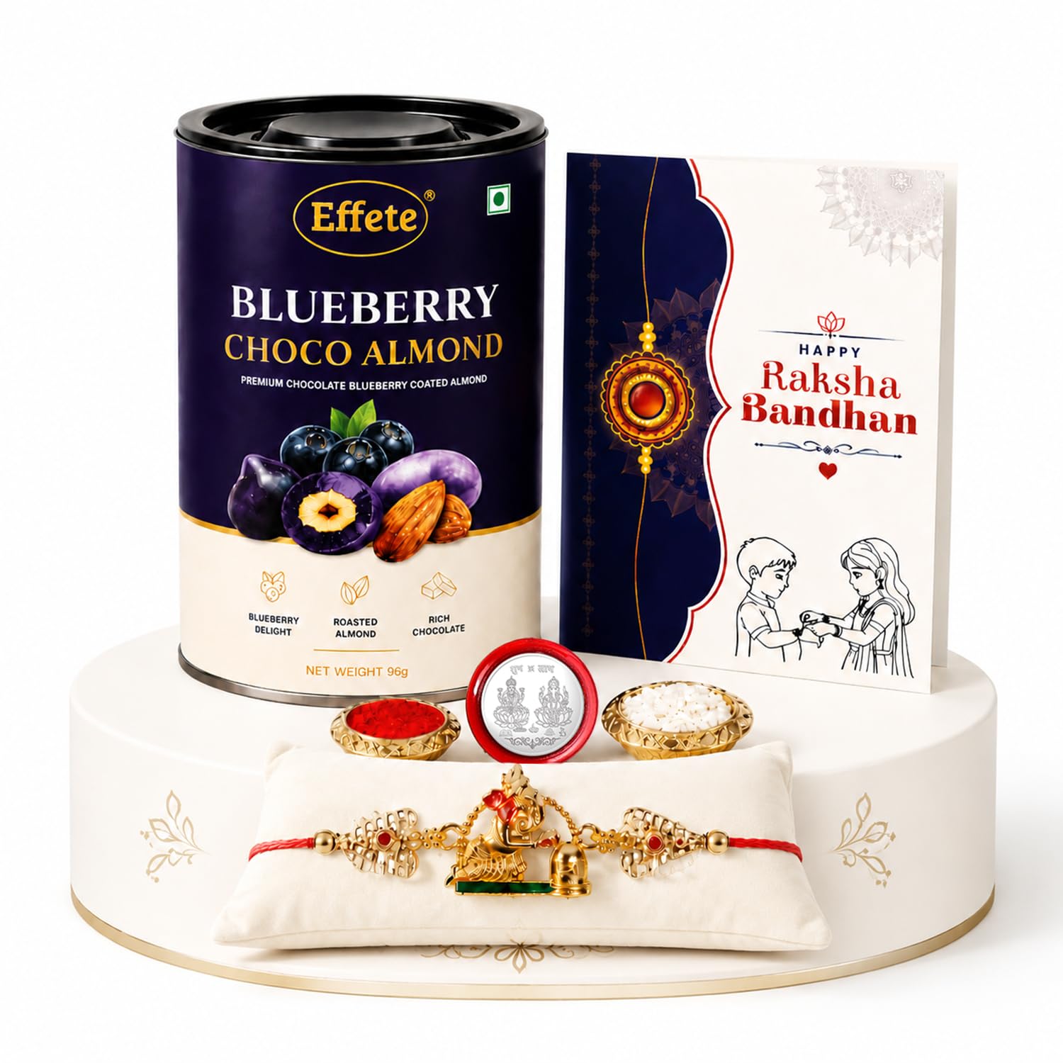 Designer Rakhi for Brother with Blueberry Almond 96gm, Coin & Card, Pack of 5