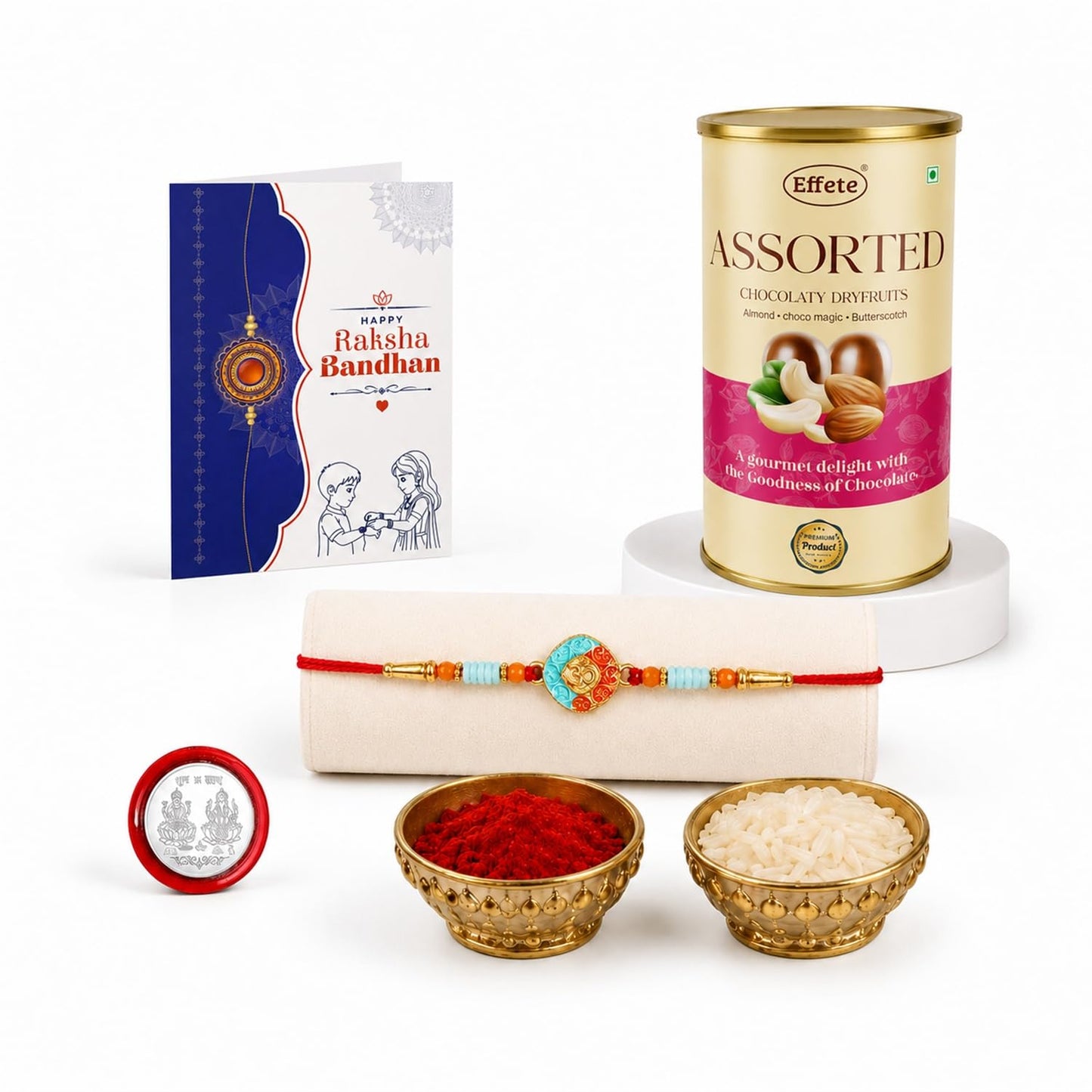 Round Om Rakhi for Brother with Emperor Chocolate, Roli Tikka & Card, Pack of 5