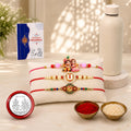 Raksha Bandhan Gift Combo – Krishna Radha Floral Rakhi with Bottle
