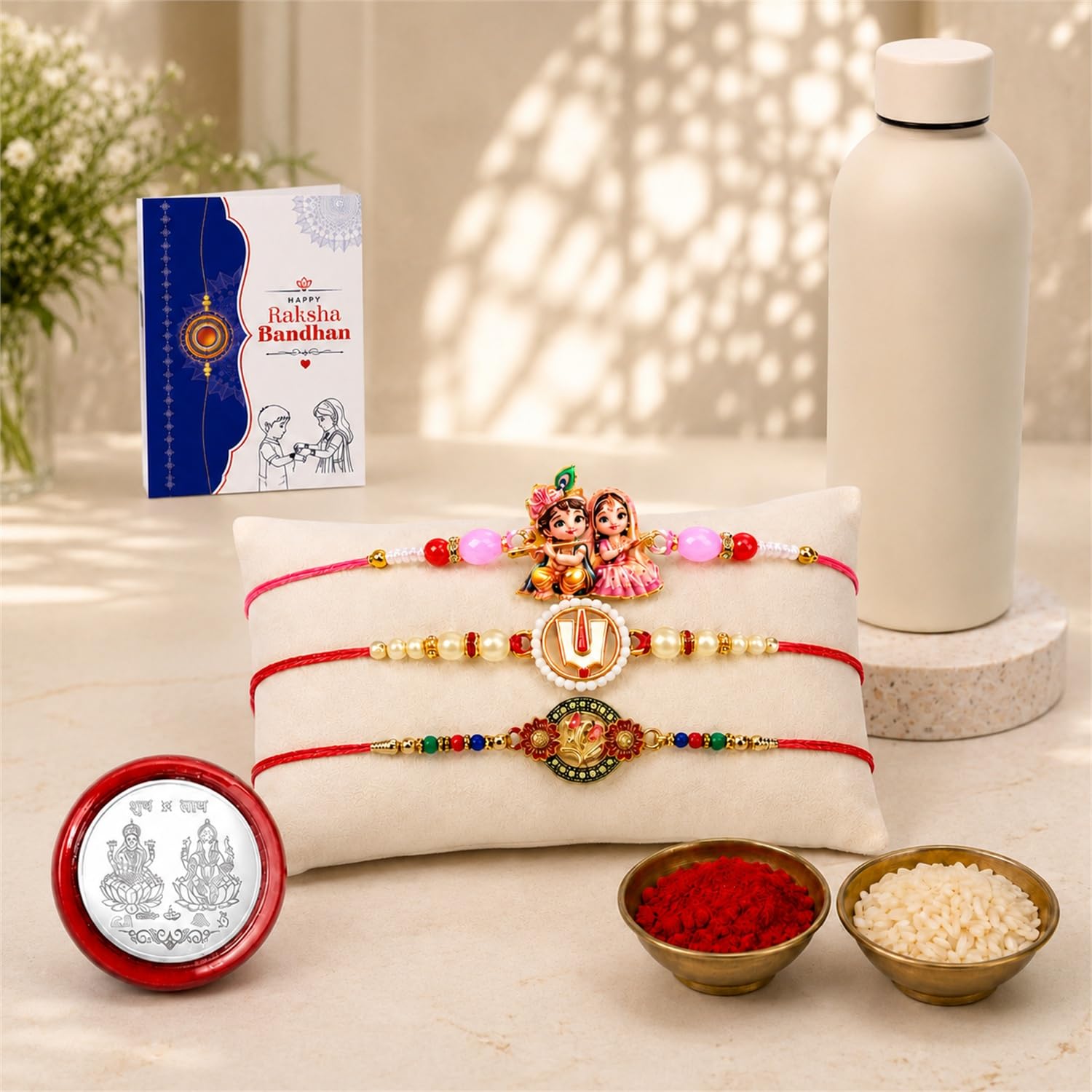 Krishna Radha, Floral Rakhi Combo - Raksha Bandhan Gift with SS Water Bottle 500ml
