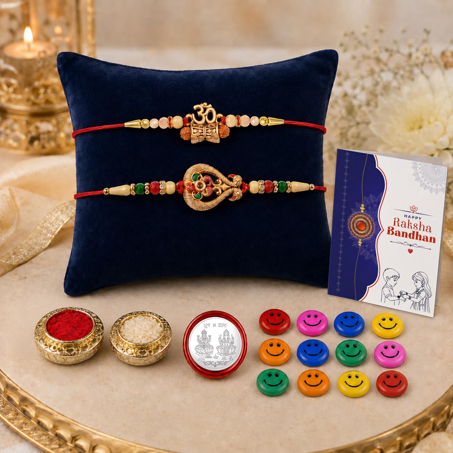 Designer Elegant Multicolor OM Damru & Birds Rakhi Combo for Bhaiya | Pack of 6