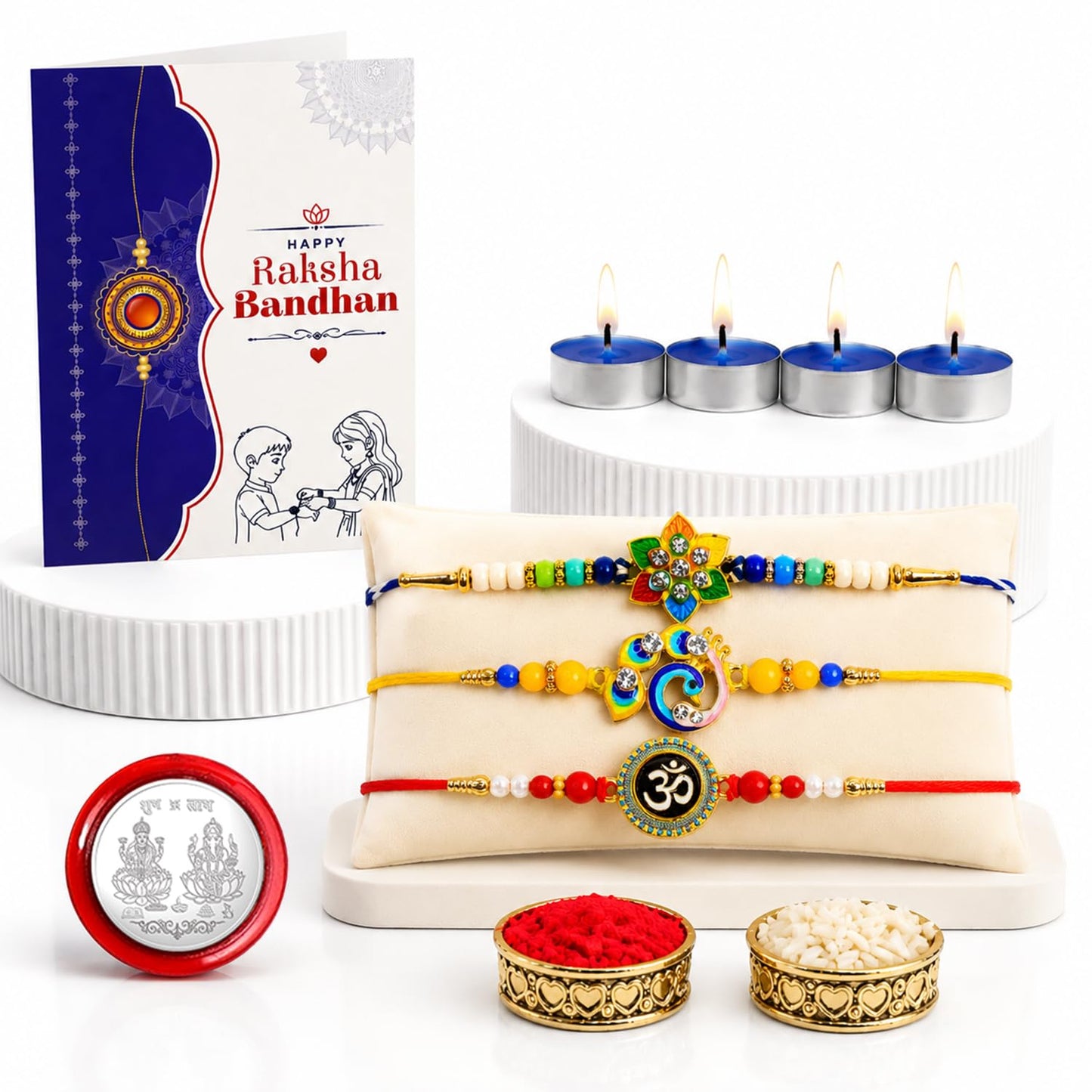 Flower, Bird, Om Rakhi Combo - Raksha Bandhan Gift with Tealight Candles 4pcs, Pack of 7