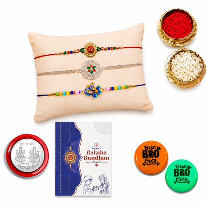 Rakhi with Fridge Magnet for Brother (Set of 8) – Raksha Bandhan Celebrations Combo with OM, Peacock & Silver Color Rakhi, 2 Pc Fridge Magnets, Greeting Card, Roli Chawal & Silver Color Coin