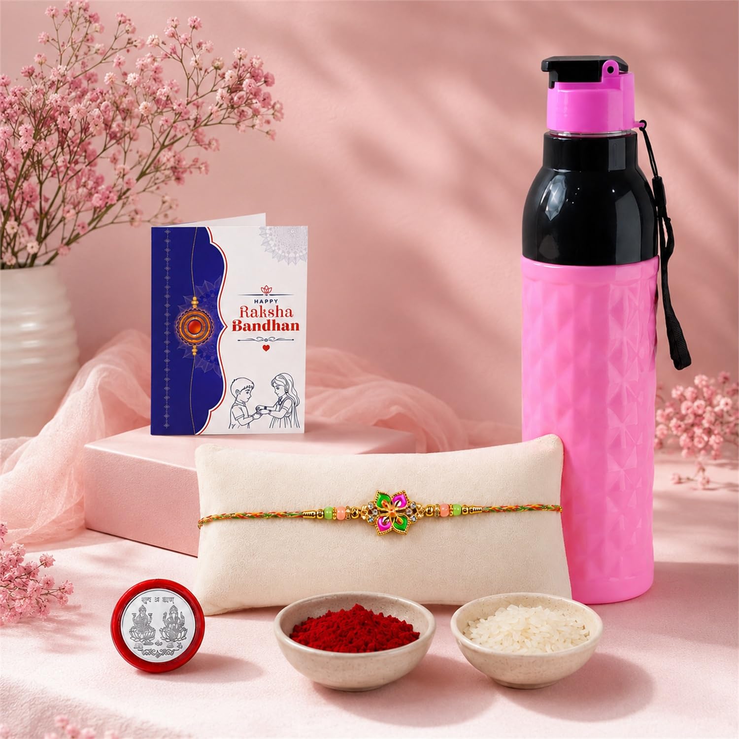 Floral Rakhi Combo - Raksha Bandhan Gift with Diamond Water Bottle 1000ml, Pack of 5