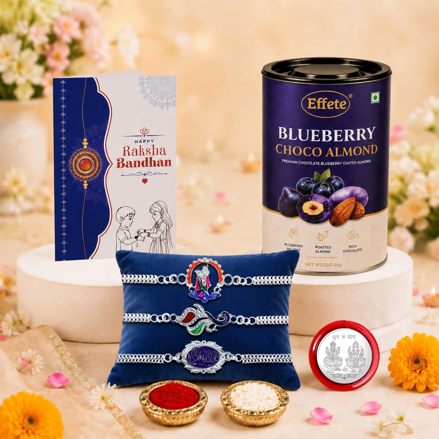 Krishna Rakhi for Brother with Blueberry Almond 96gm, Coin & Card, Pack of 7