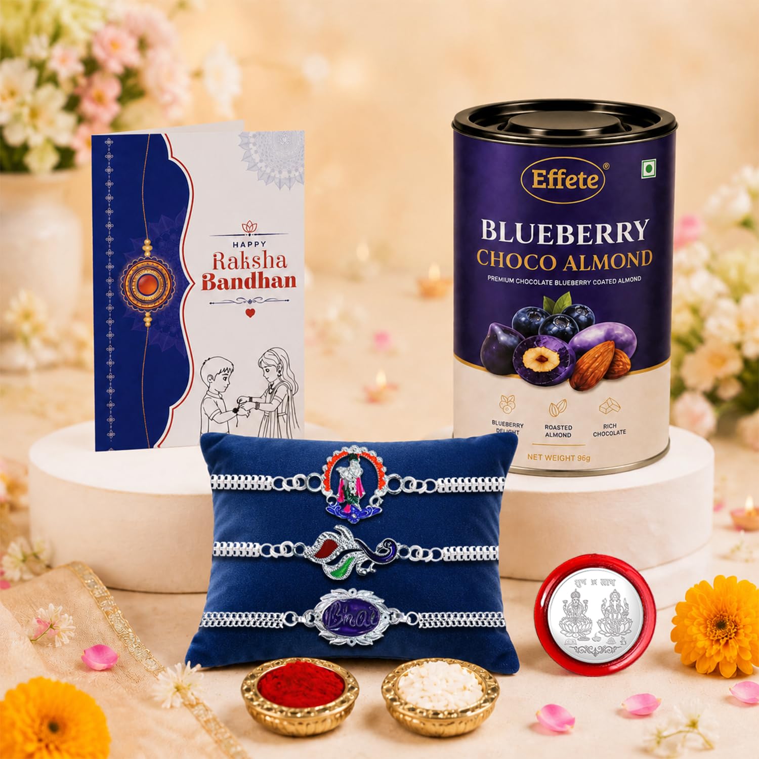 Krishna Rakhi for Brother with Blueberry Almond 96gm, Coin & Card, Pack of 7