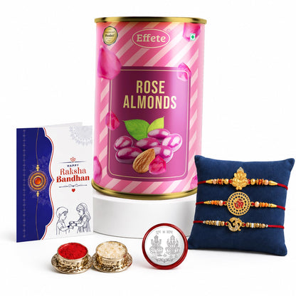 Ganesha, OM Rakhi for Brother with Rose Almond 96gm, Roli Tikka & Card, Pack of 7