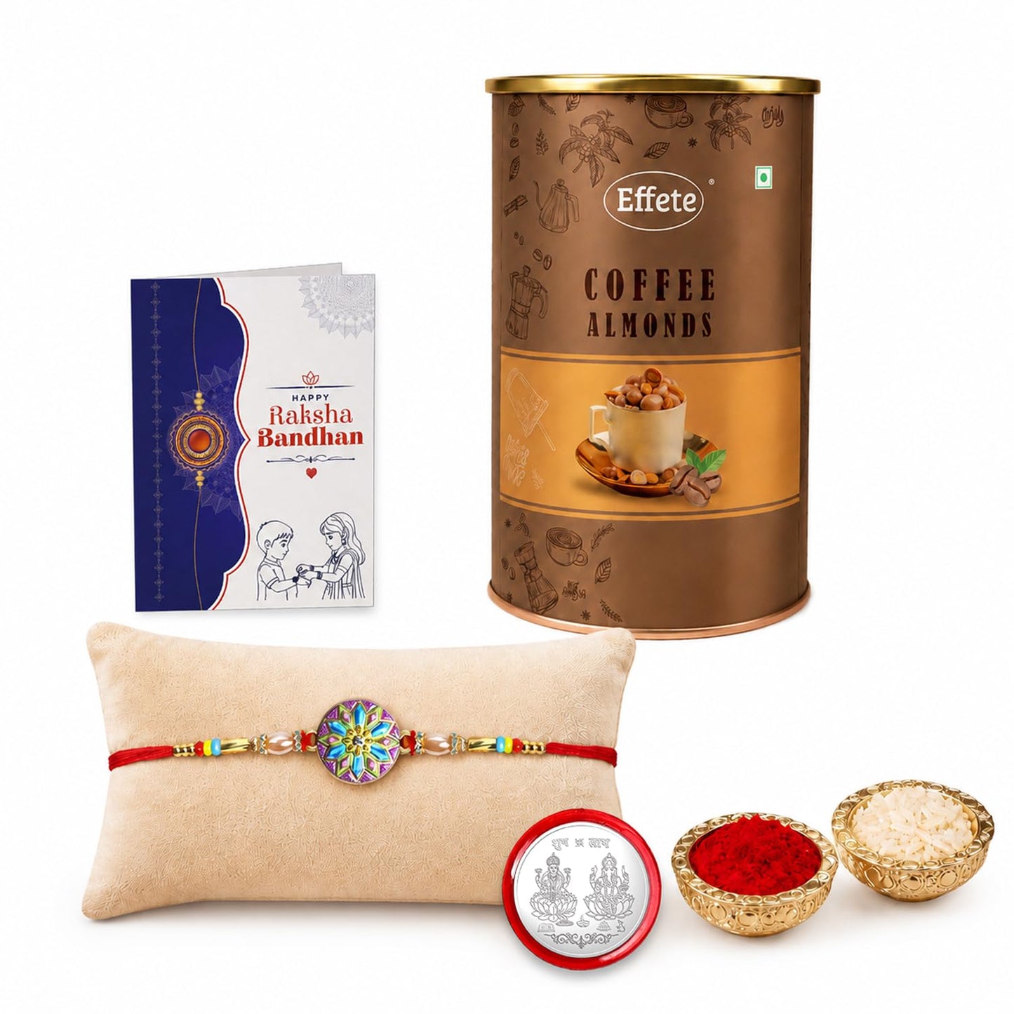 Floral Rakhi for Brother with Coffee Almond 96gm, Roli Tikka & Card, Pack of 5
