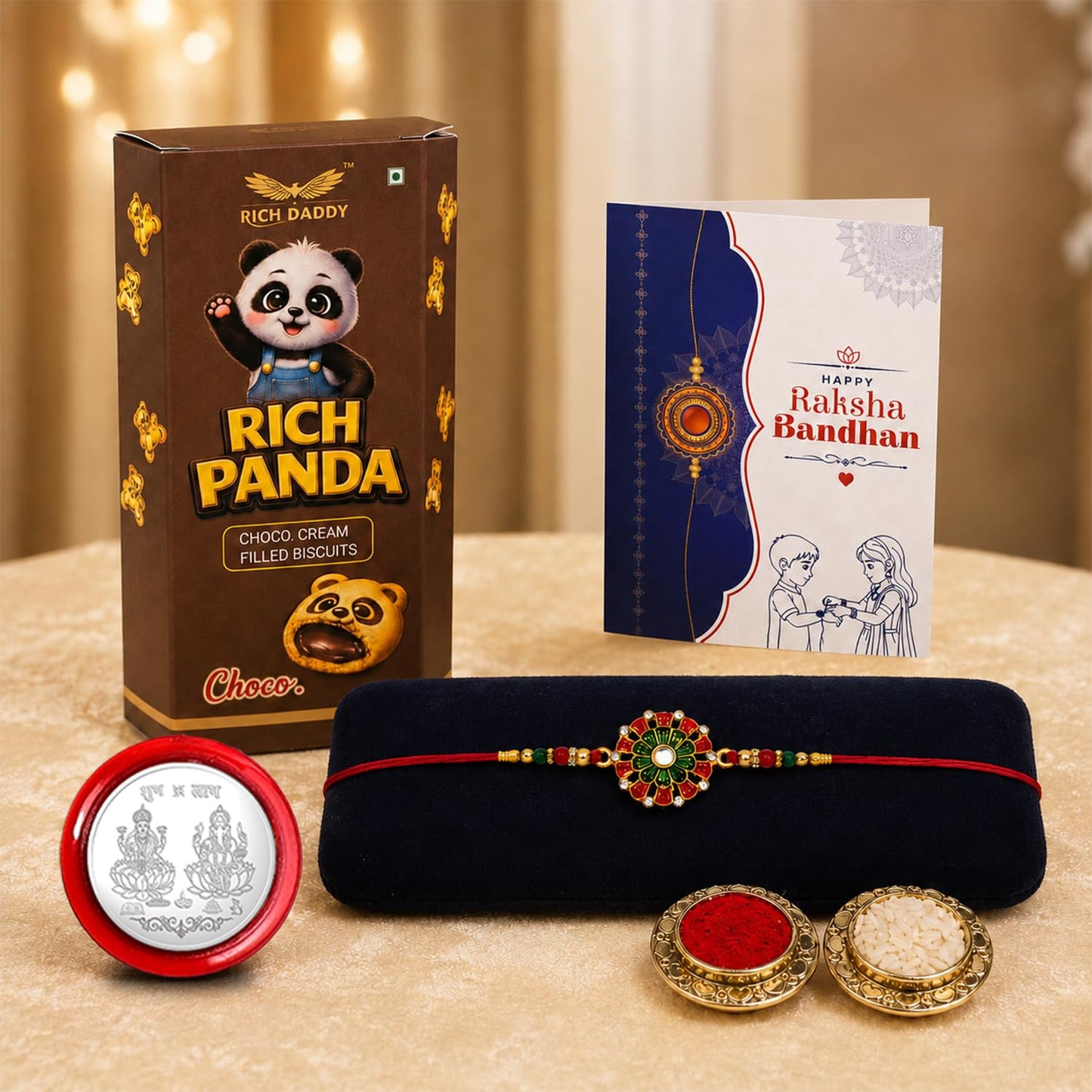 Flower Rakhi for Brother with Choco Cream Biscuit 60gm, Coin & Card, Pack of 5