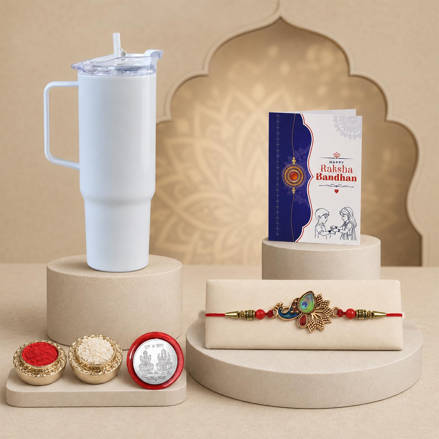Peacock Rakhi for Brother with Travel Tumbler - Rakshabandhan Gift Set, Pack of 5