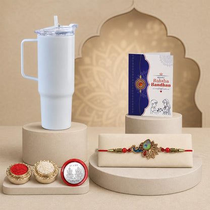 Peacock Rakhi for Brother with Travel Tumbler - Rakshabandhan Gift Set, Pack of 5