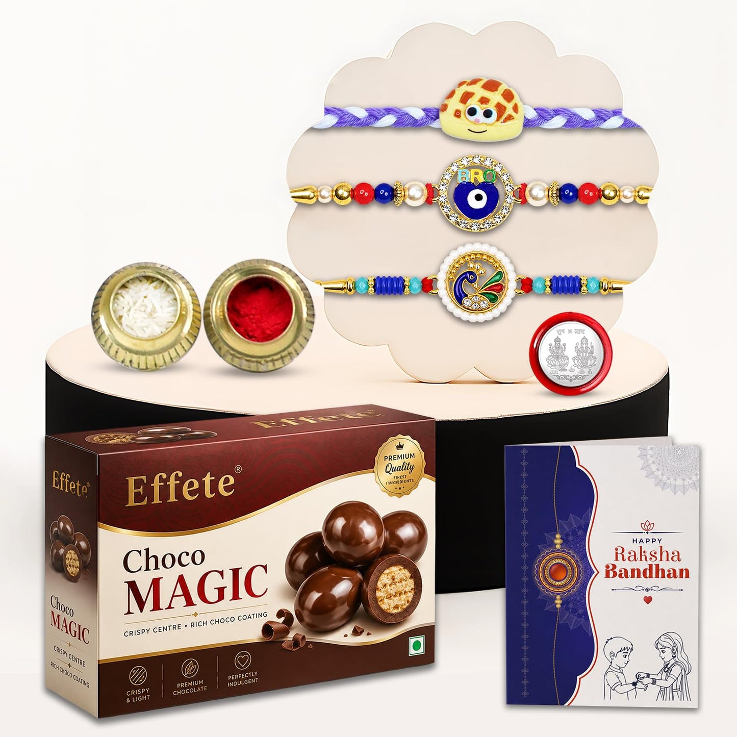 Waffle Charm Rakhi for Brother with Chocolate Magic 96gm, Coin & Card, Pack of 7