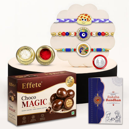 Waffle Charm Rakhi for Brother with Chocolate Magic 96gm, Coin & Card, Pack of 7