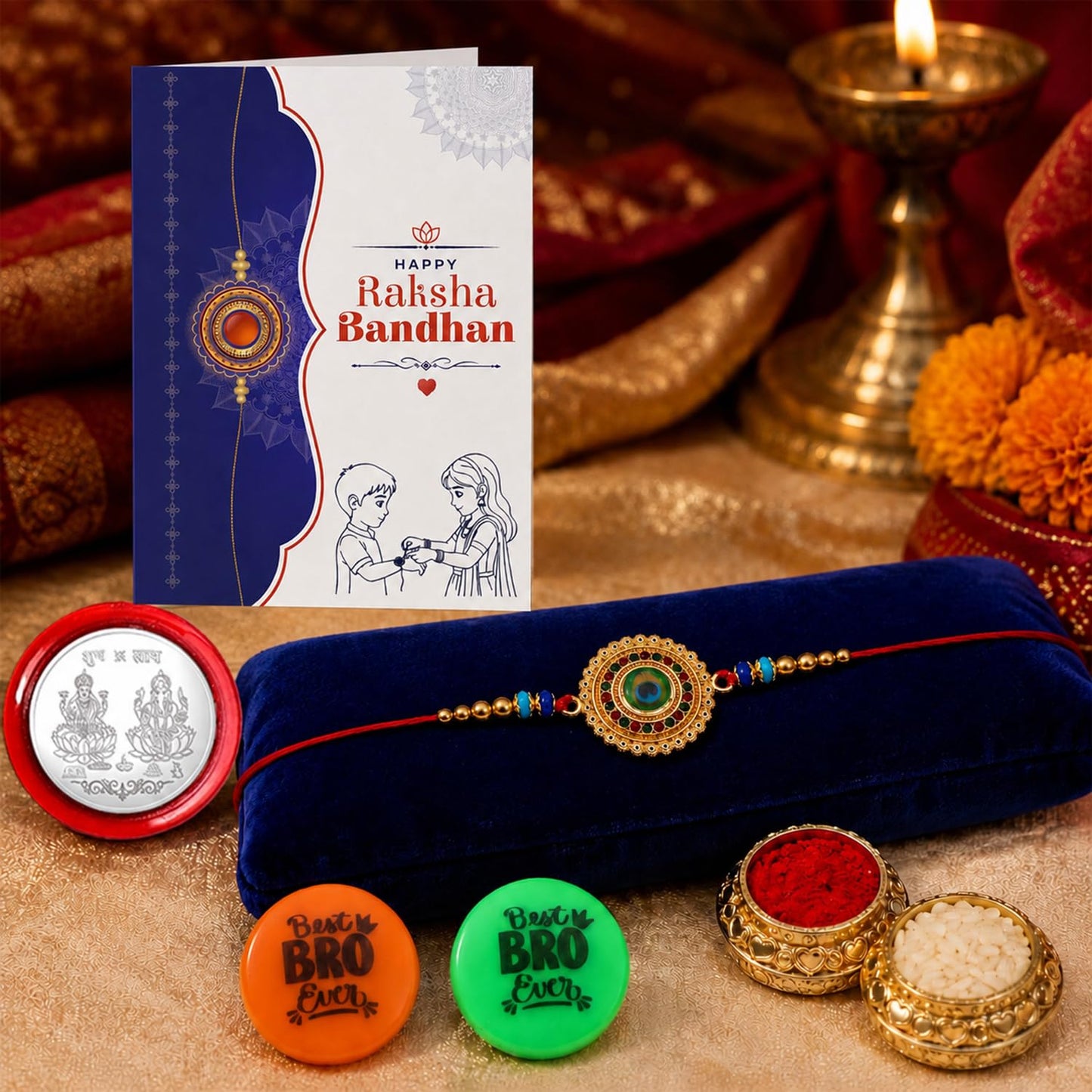 Rakhi Set for Brother (Set of 1) – Peacock Feather Rakhi Combo with Roli Chawal